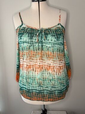 BCX Tie-Front Cold-Shoulder Camisole in Teal, Orange & White